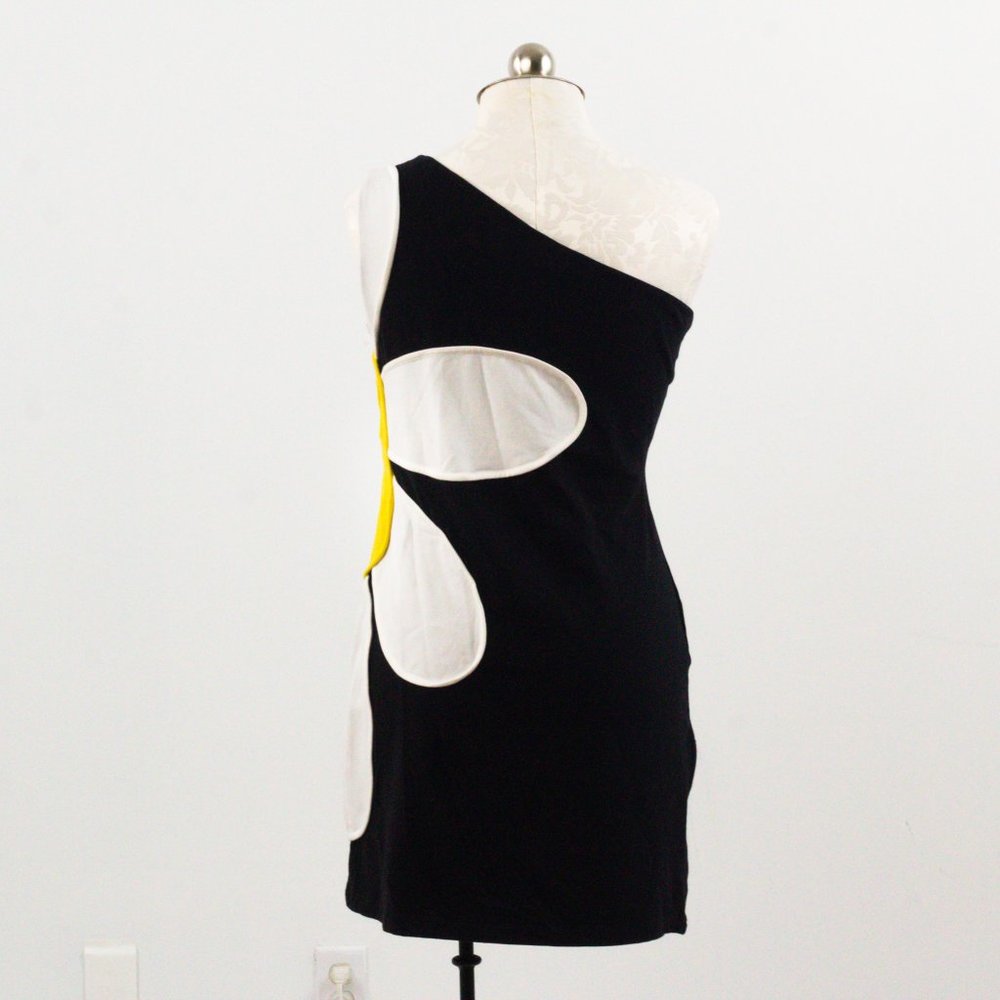 Vintage 90s L Thick One Shoulder Daisy Dress Black - Picture 5 of 10